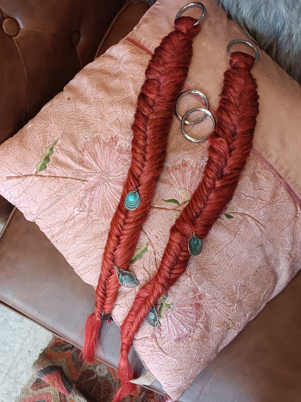 Handmade Red Braided Hair Jewelry with Turquoise Charms